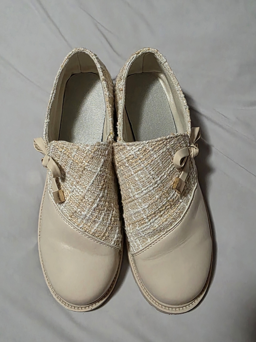 SHEIN Beige Tweed Slip-On Loafers with Bow Detail